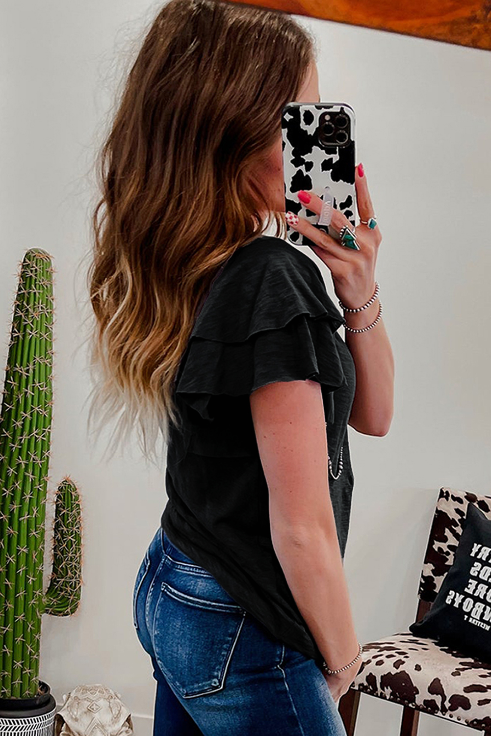 Black Layered Ruffle Short Sleeve Round Neck Top - Image 6