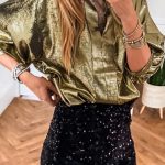 Gold Metallic Split Neck Half Sleeve Blouse
