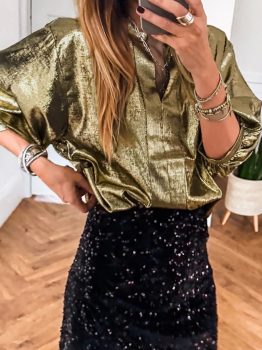 Gold Metallic Split Neck Half Sleeve Blouse