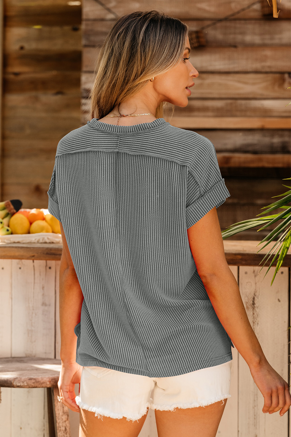 Medium Grey Textured Knit Exposed Stitching T-shirt - Image 2
