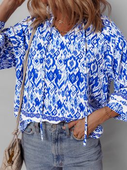 Blue Boho Printed 3/4 Sleeve Tied Neck Blouse