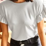 White Solid Color Ribbed Ruffled Short Sleeve T Shirt
