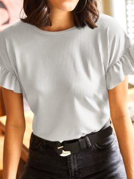 White Solid Color Ribbed Ruffled Short Sleeve T Shirt