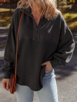 Carbon Grey Waffle Knit Patchwork Half Zipped Casual Sweatshirt