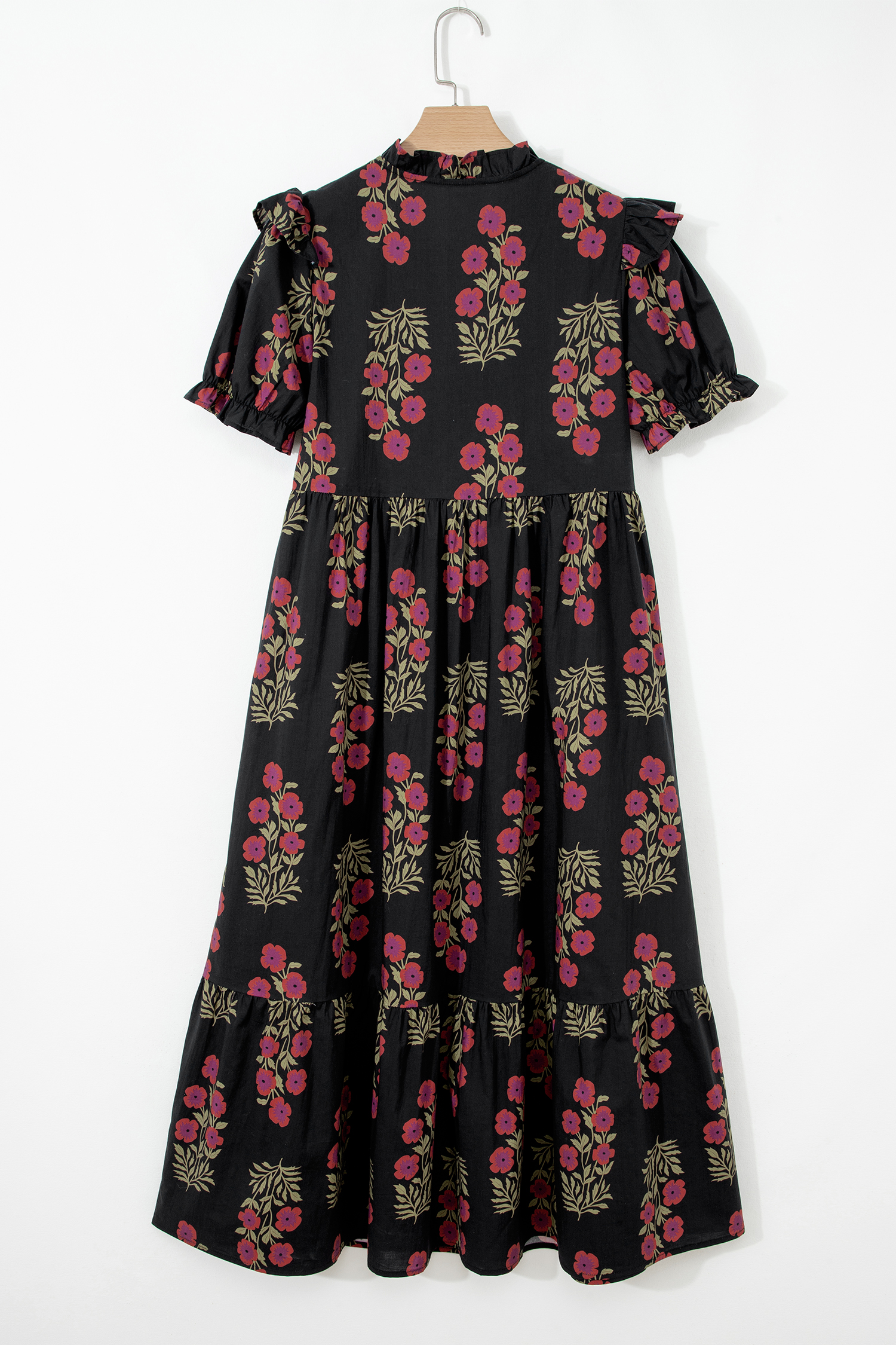 Black Floral Short Bubble Sleeve Tiered Maxi Dress - Image 6