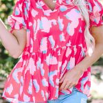 Rose Abstract Print Smocked Puff Sleeve V Neck Blouse