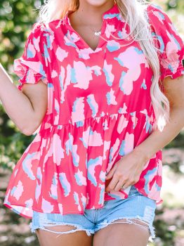 Rose Abstract Print Smocked Puff Sleeve V Neck Blouse