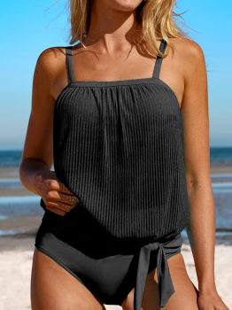 Black Striped Mesh Knotted Hem Tankini Swimsuit