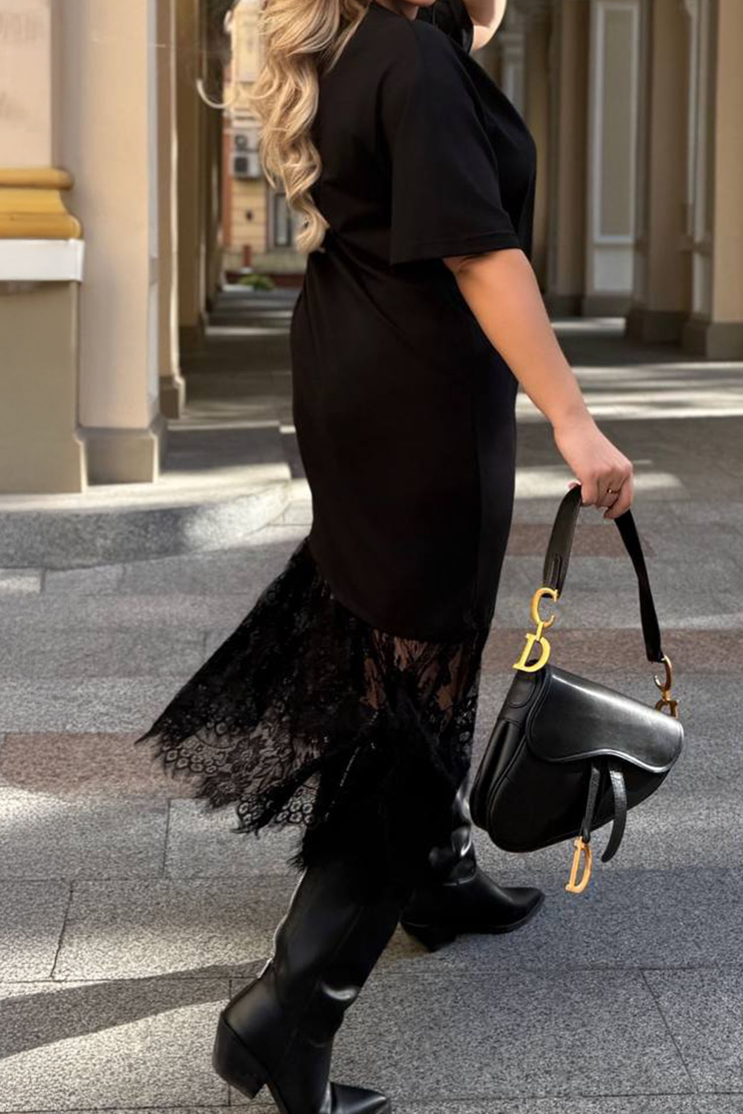 Black Plus Size Lace Hem Patchwork T Shirt Midi Dress - Image 8