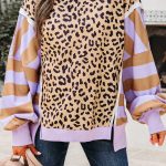 Purple Stripe Color Block Patchwork Leopard Casual Sweatshirt with Slits