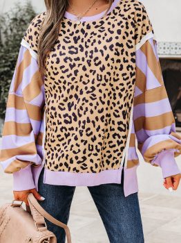 Purple Stripe Color Block Patchwork Leopard Casual Sweatshirt with Slits