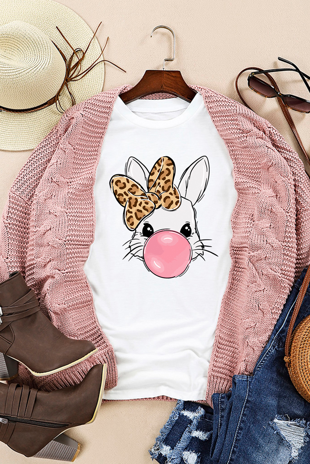 White Leopard Bow Bubble Rabbit Graphic Tee - Image 2