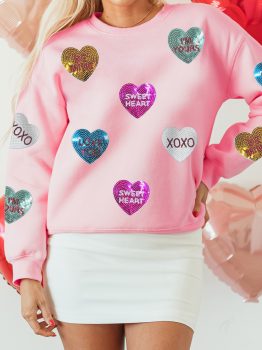 Pink Sequin Romantic Letters Heart Graphic Valentines Sweatshirt