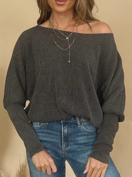 Carbon Grey Twisted Ribbed Dolman Long Sleeve Top