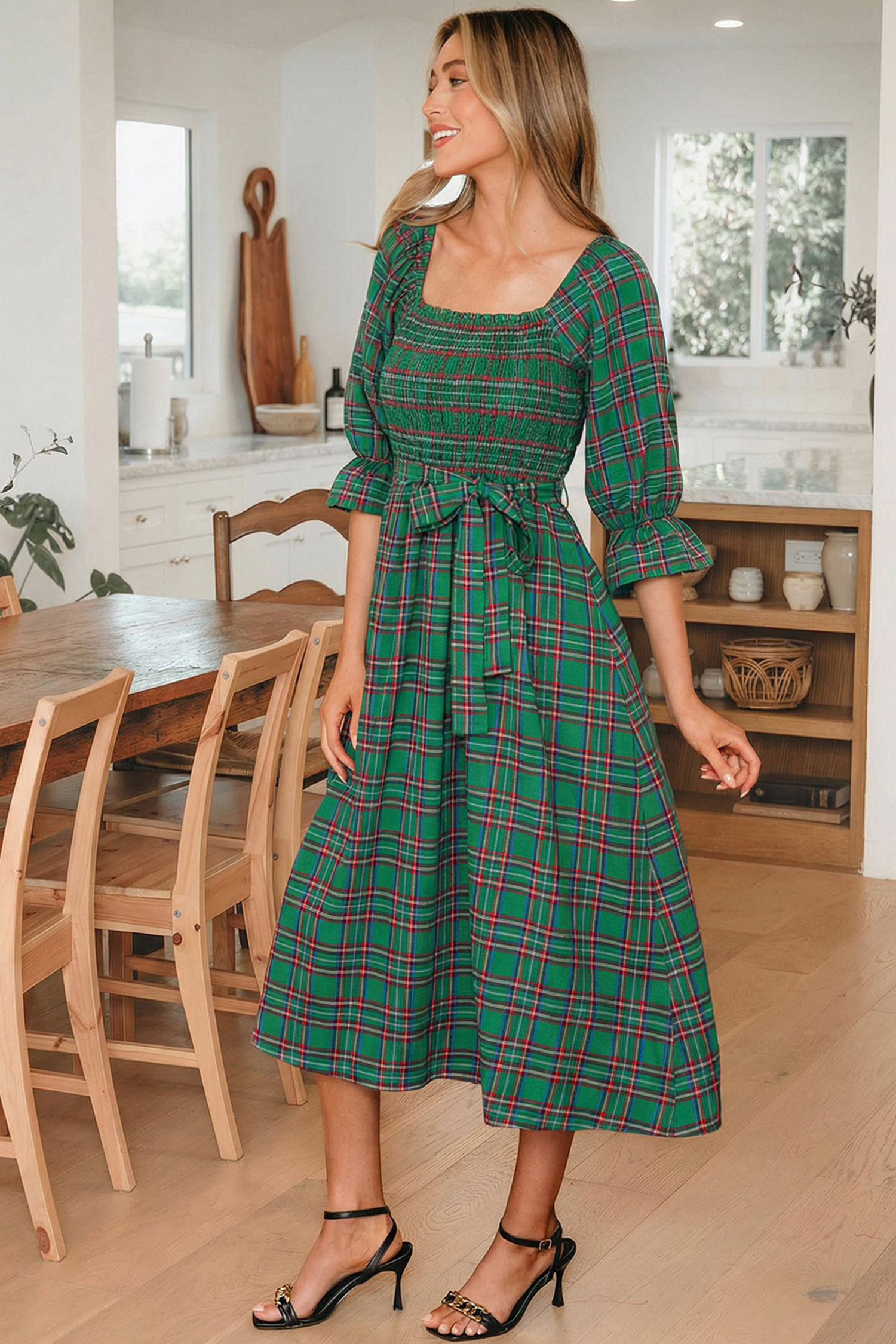 Green Tartan Plaid Square Neck Puff Sleeve Knot Waist Flared Midi Dress - Image 3