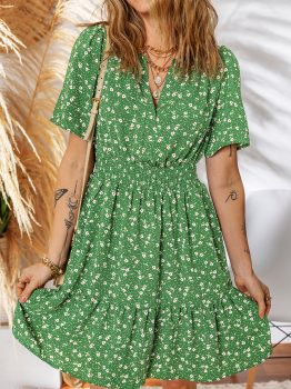 Green Floral Print Wrap V Neck Short Sleeve High Waistband Mini Dress