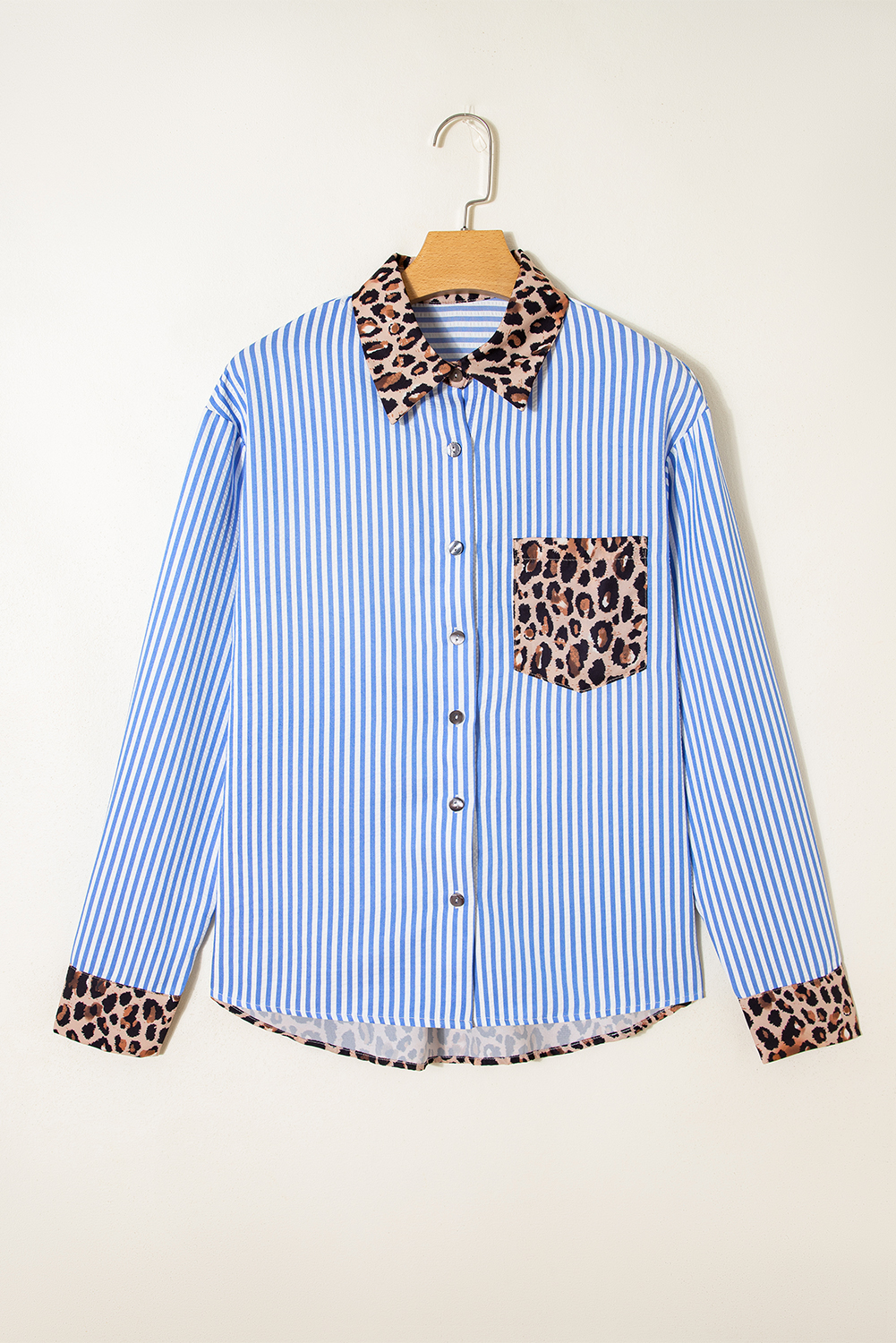Sky Blue Striped Leopard Print Patchwork Button Up Womens Shirt - Image 2