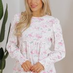 Pink Floral Print Shirred Balloon Sleeve Keyhole Back Babydoll Blouse