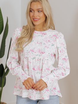Pink Floral Print Shirred Balloon Sleeve Keyhole Back Babydoll Blouse