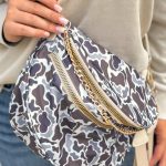White Camouflage Print Gold Chain Strap Double Zipper Crossbody Bag