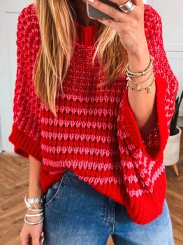 Red Stripe 3/4 Draped Sleeve Slouchy Sweater