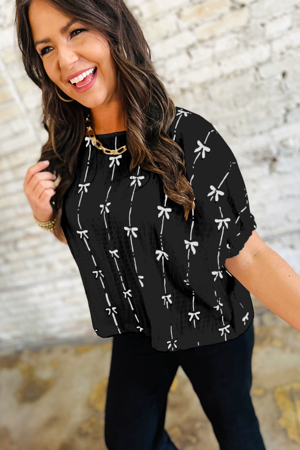 Black Bow Print Puff Short Sleeve Top - Image 7