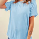 Light Blue Bright Casual Plain Crew Neck Tee
