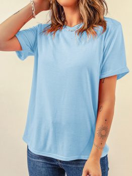 Light Blue Bright Casual Plain Crew Neck Tee