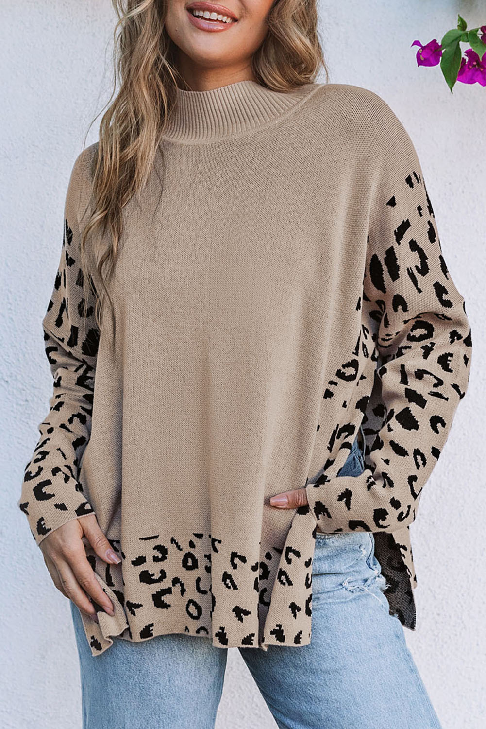 Khaki Leopard High Neck Side Slit Oversized Sweater - Image 4