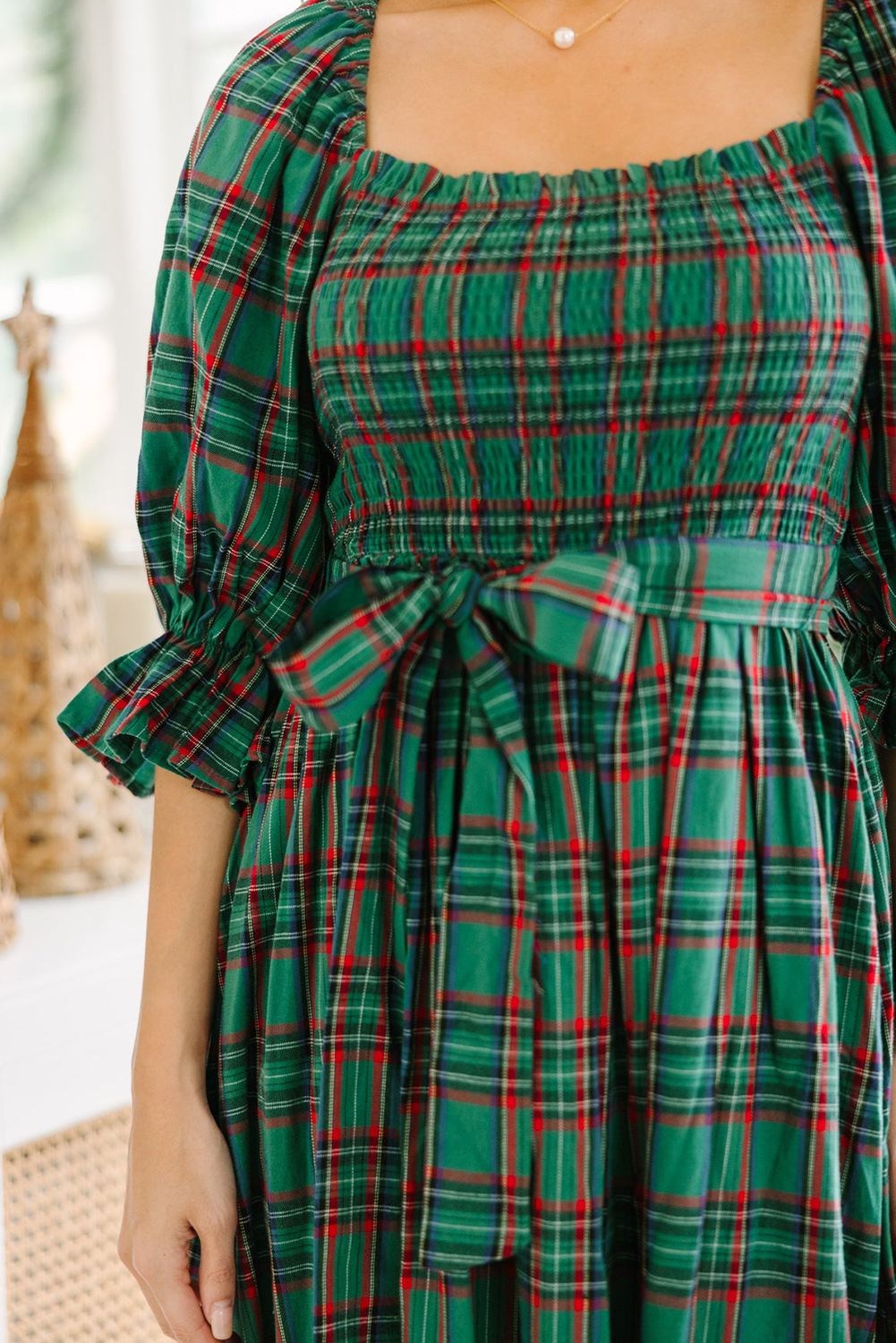 Green Tartan Plaid Square Neck Puff Sleeve Knot Waist Flared Midi Dress - Image 8