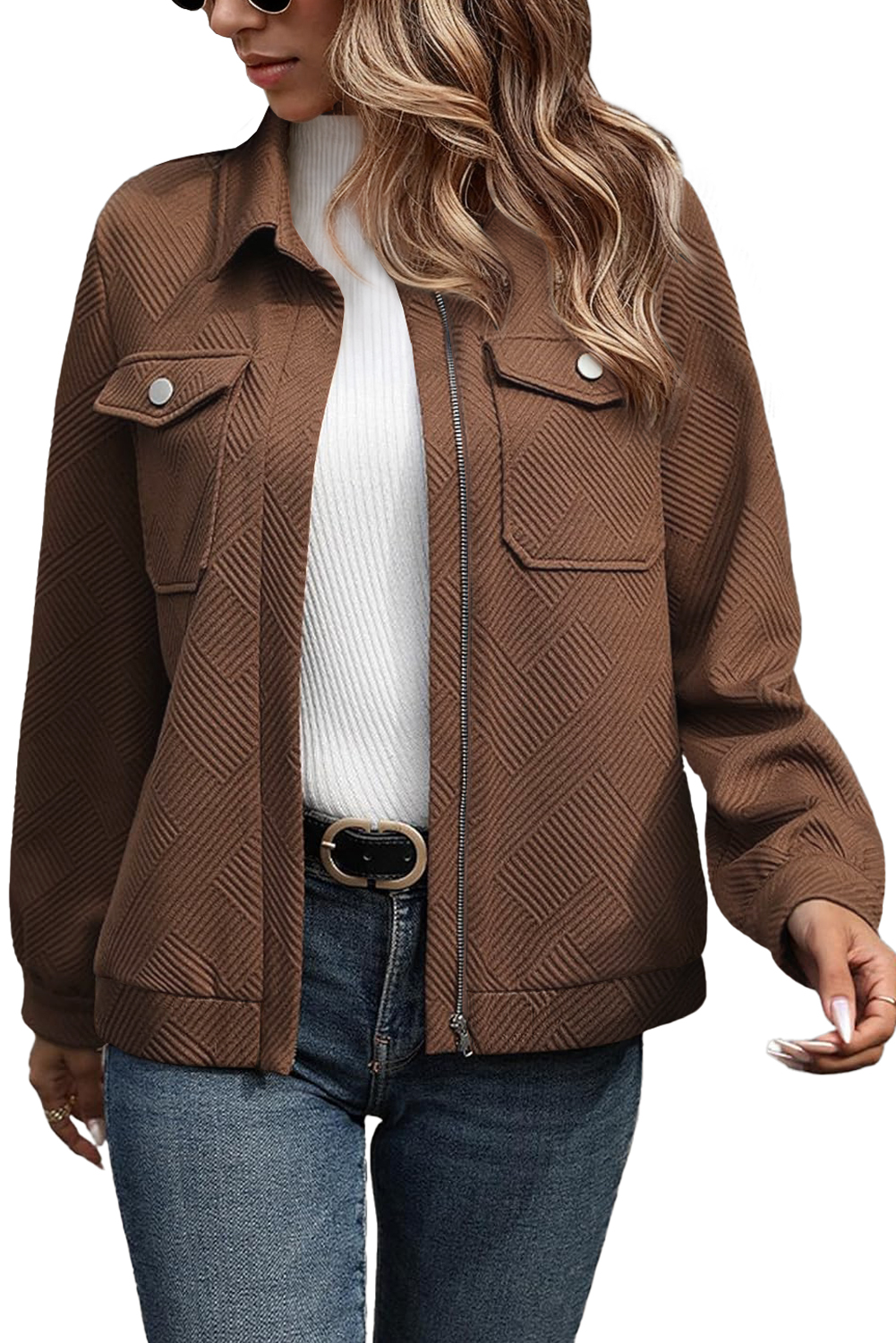 Coffee Solid Color Zip Up Button Flap Pocket Shirt Collar Jackets - Image 5