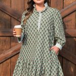 Green Contrast Striped Frilled Collar 3/4 Sleeve Plus Size Floral Dress