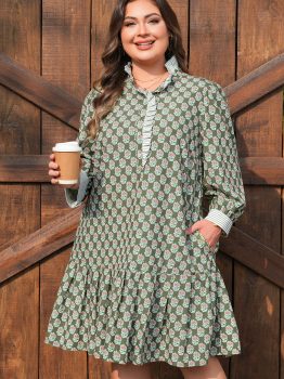 Green Contrast Striped Frilled Collar 3/4 Sleeve Plus Size Floral Dress