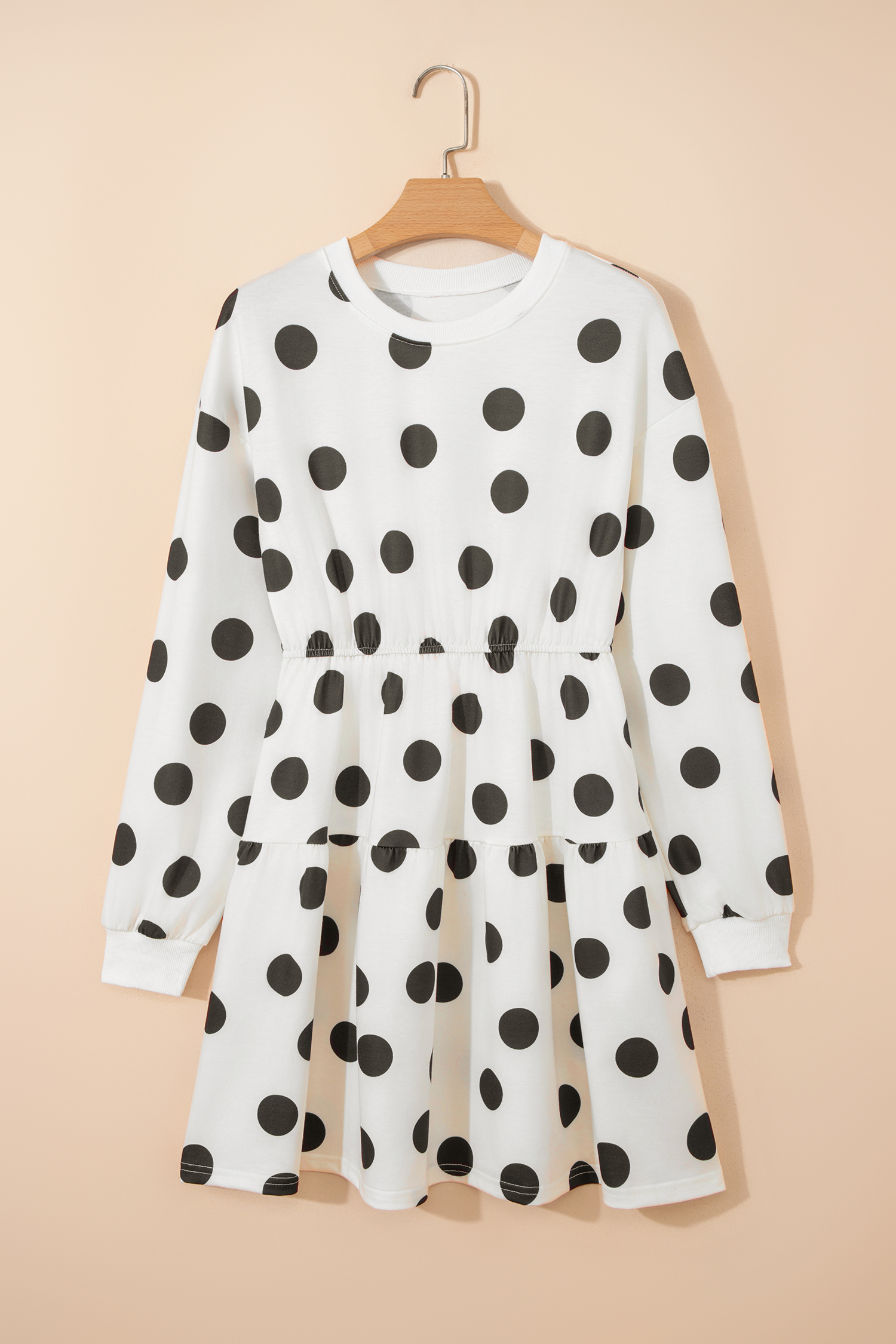 White Polka Dot Printed Long Sleeve Flared Mini Dress - Image 3