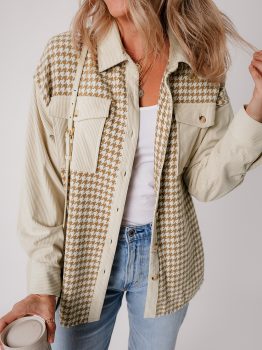 Parchment Houndstooth Corduroy Patchwork Flap Pocket Shacket