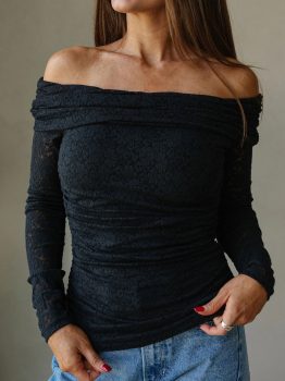 Black Floral Lace Off-shoulder Long Sleeve Slim Top