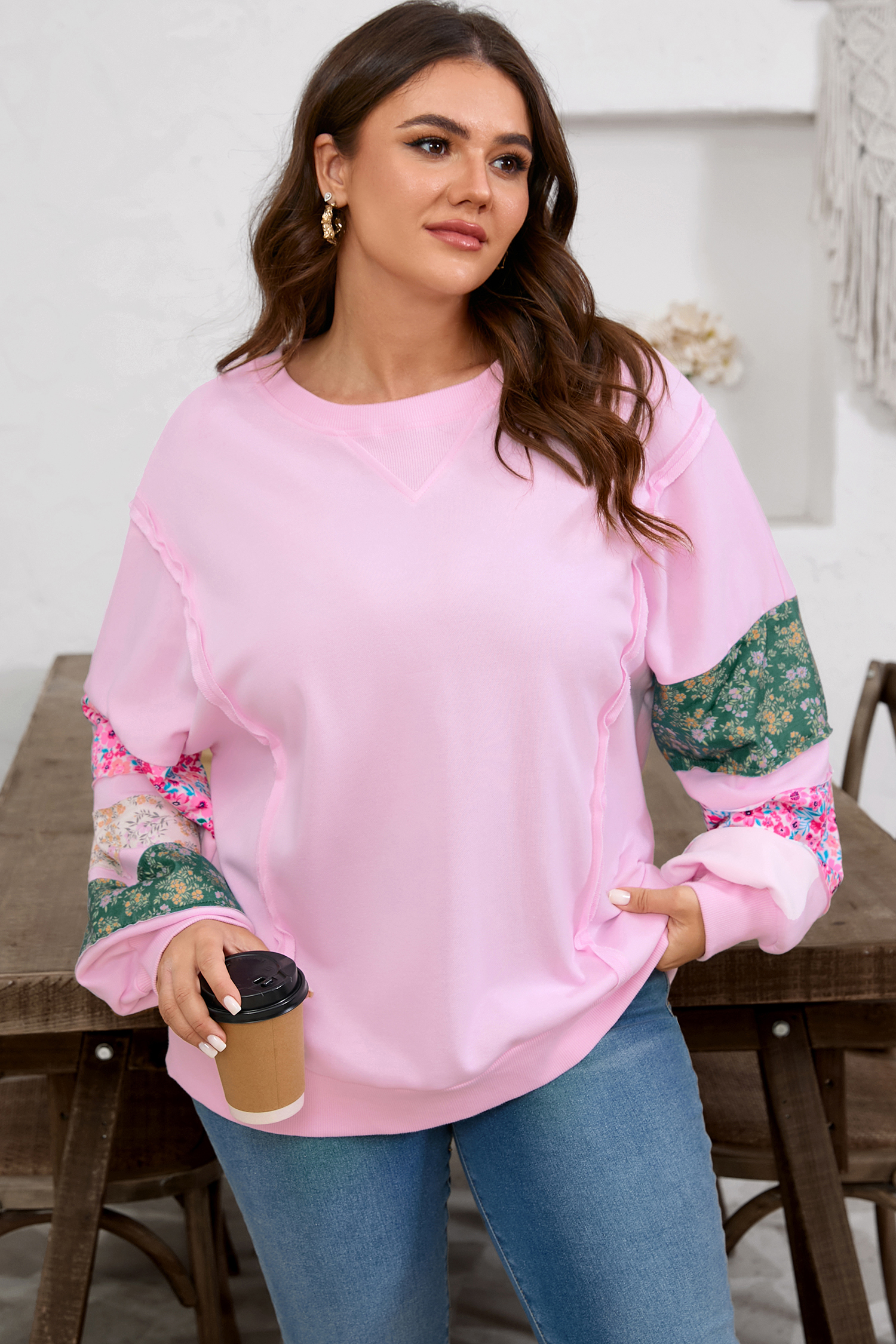 Pink Plus Size Mix Floral Patched Sleeve Ribbed Trim Baggy Sweatshirt - Image 3
