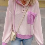Light Pink Corded Colorblock Patch Pocket Drawstring Hooded Top