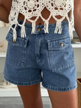Dusk Blue Flap Pockets Denim Shorts