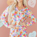 Pink Valentines Candy Heart V Neck Collared Tunic Shirt and Shorts 2pcs Pajama Set