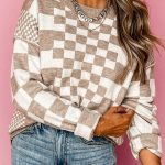 Khaki Checkered Print Drop Shoulder Round Neck Sweater