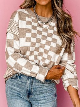 Khaki Checkered Print Drop Shoulder Round Neck Sweater