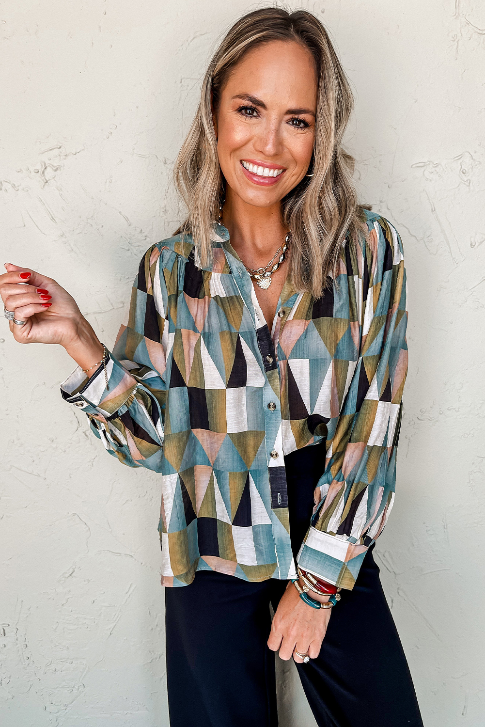 Green Geometric Print Buttoned Balloon Sleeve Loose Fit Shirt - Image 3