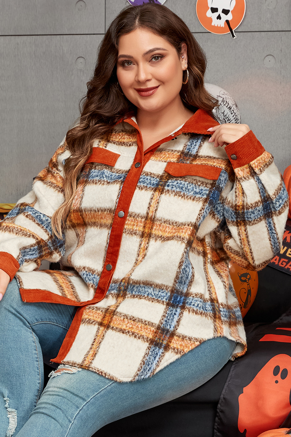 Brown Stripe Plus Size Plaid Print Collared Buttoned Jacket - Image 5
