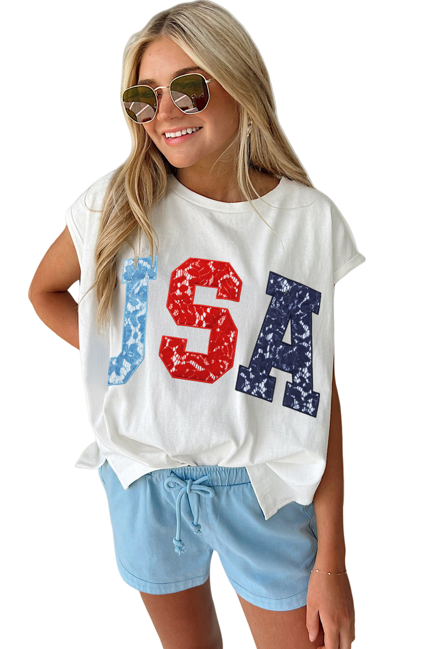 White USA Color Block Letter Printed Dolman Tee - Image 5