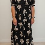 Black Floral Print Frilled Collar Short Puff Sleeve Maxi Dress
