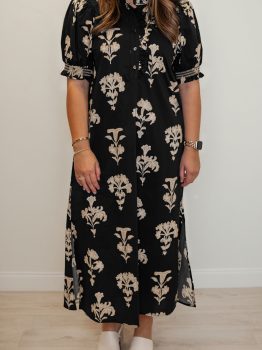 Black Floral Print Frilled Collar Short Puff Sleeve Maxi Dress