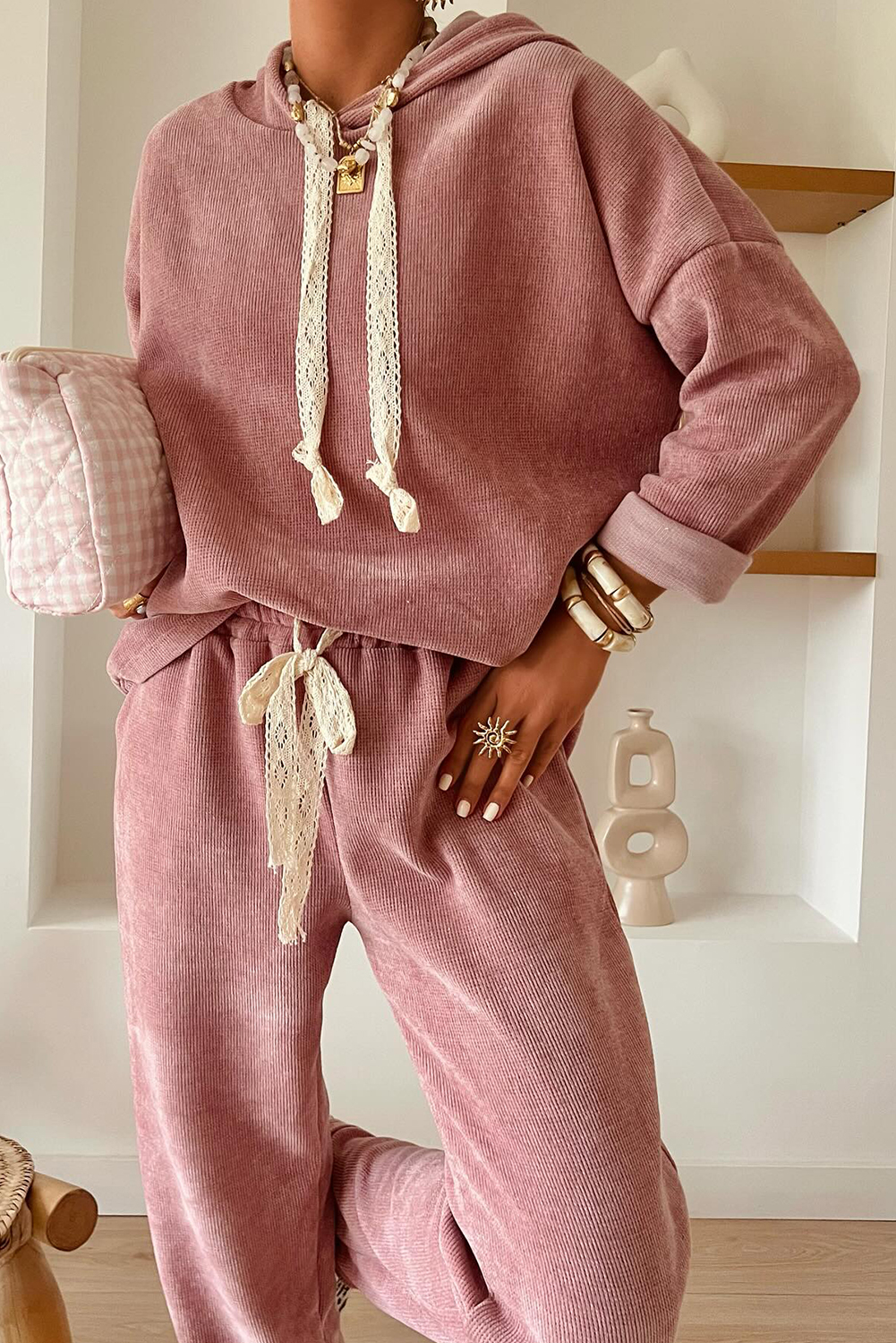 Rose Tan Lace Drawstring Pullover Hoodie and High Waist Pants Corduroy Suit - Image 7