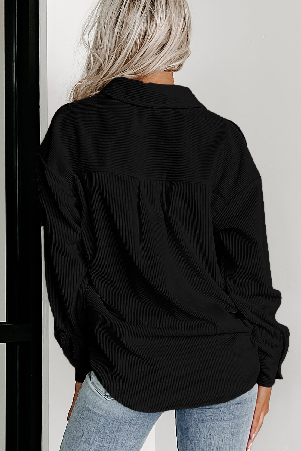 Black Houndstooth Corduroy Patchwork Flap Pocket Shacket - Image 2