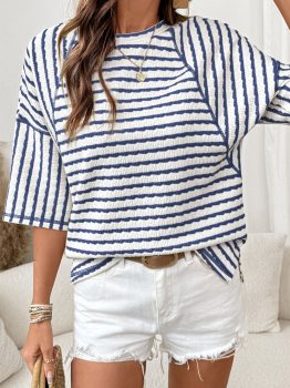 Blue Stripe Textured Knit Split Hem Half Sleeve Loose Top